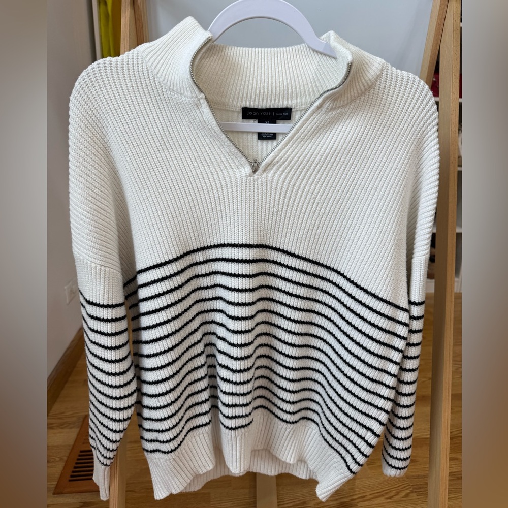 Joan Vass Women's White and Black Striped Cowl Sweater